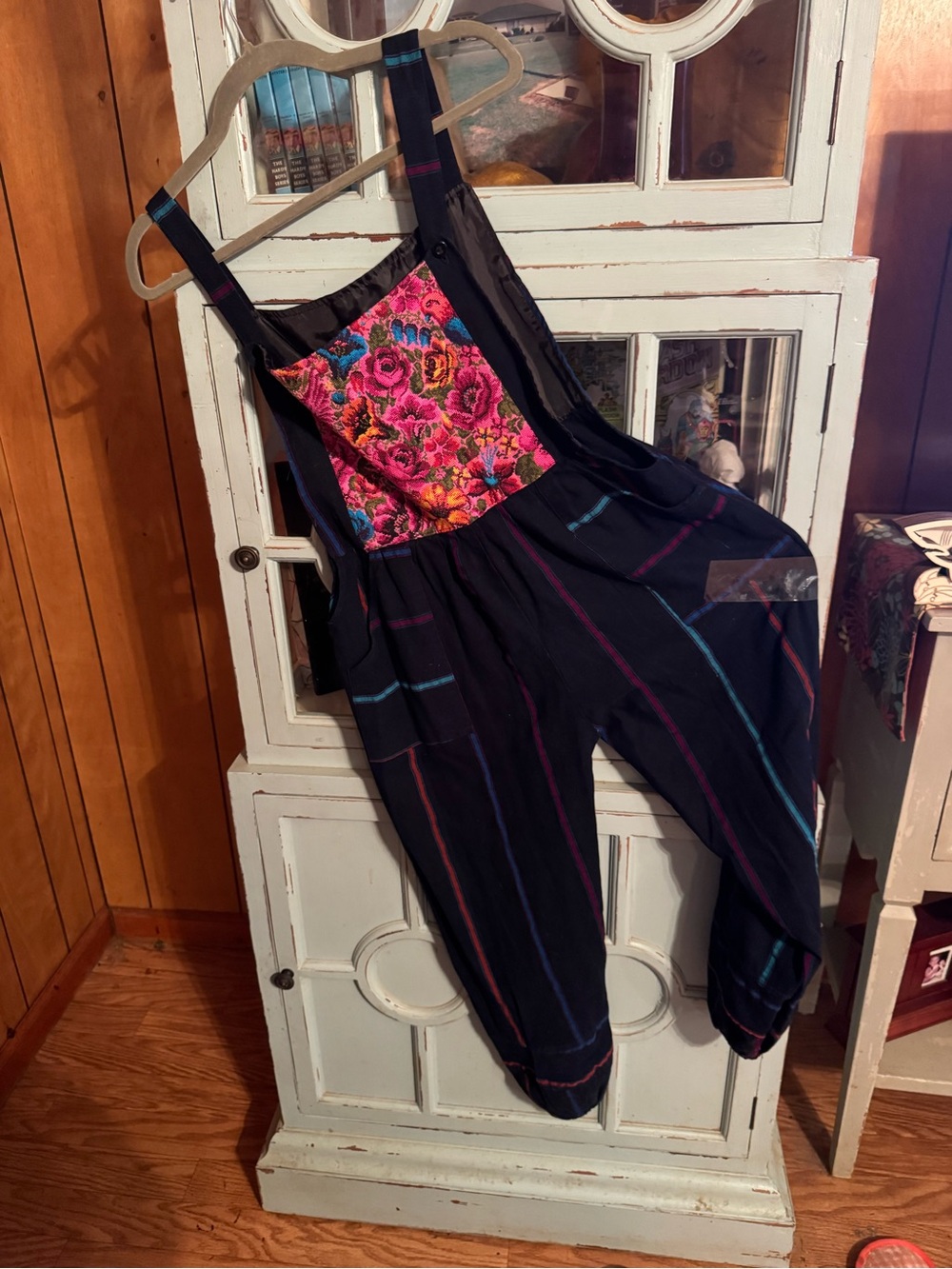Ladies Embroidered Bib Navy Jumpsuit with Pink Floral Panel Size Large L B17